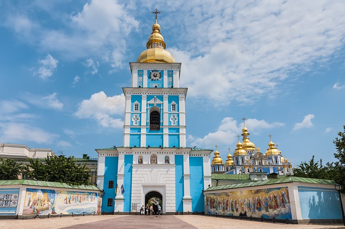 Kyiv, Ukraine - June 18, 2011: St. Michael's Golden-Domed Monastery with cathedral and bell tower seen in front of St. Michael's Square in Kyiv, Ukraine.
