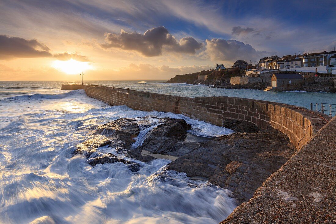 The pier at Porthleven on Cornwall's Lizard Peninsular, captured in February when sunset coincided with one of  the highest tides of the year.