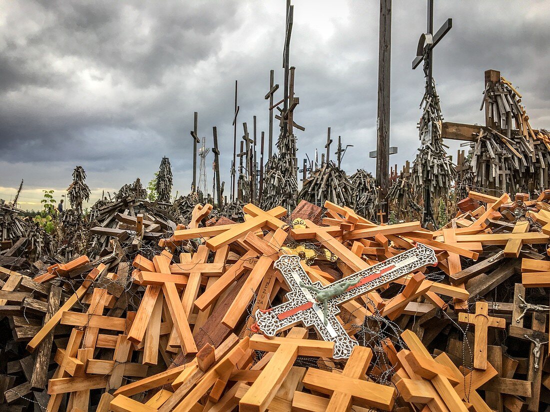Crosses piled up at shrine at Sanctuary of Our Lady of Sorrows in the Holy Water - the church of Our Lady of Sorrows located Wasilków at ul. Fr.. Rabczy?skiego 2, on the ?wi?ta Woda hill, Poland. 