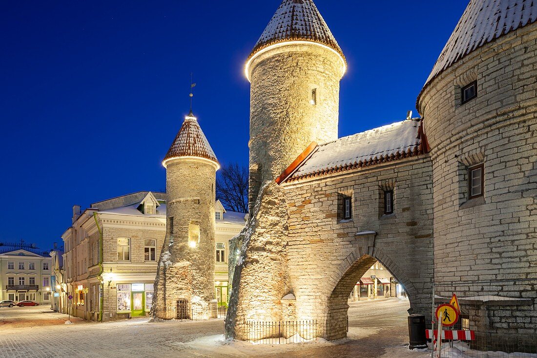 Winter dawn at the city gates in Tallinn old town, Estonia.