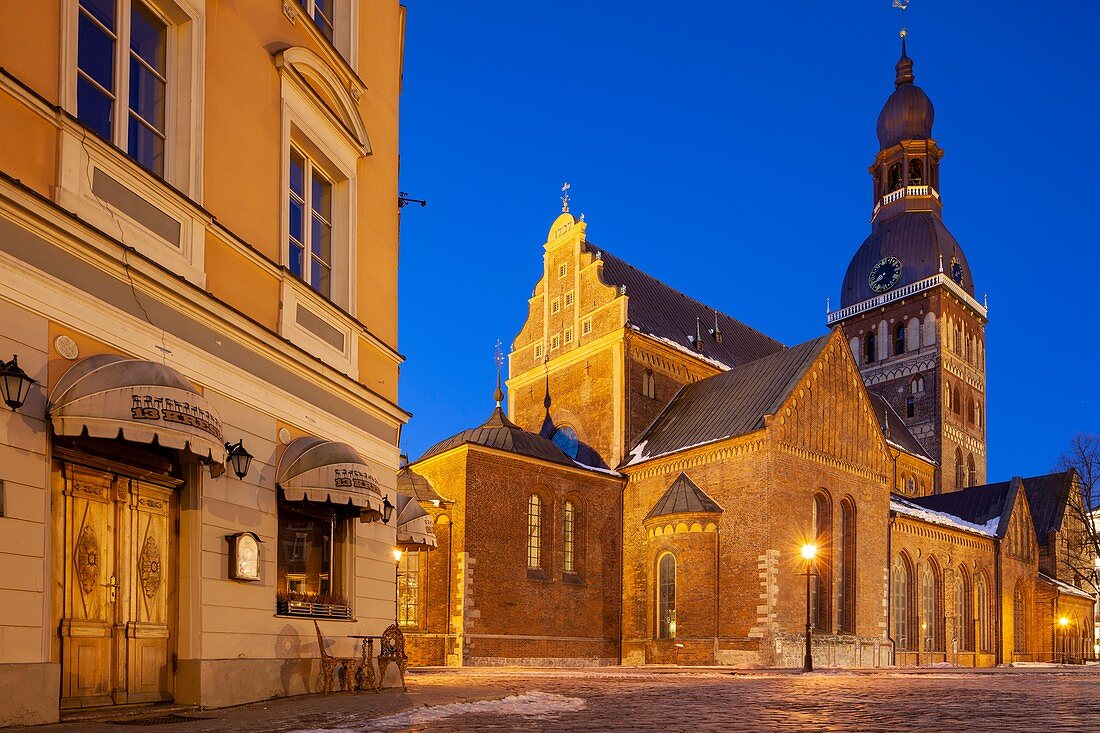 Winter dawn at Riga Cathedral in Latvia.