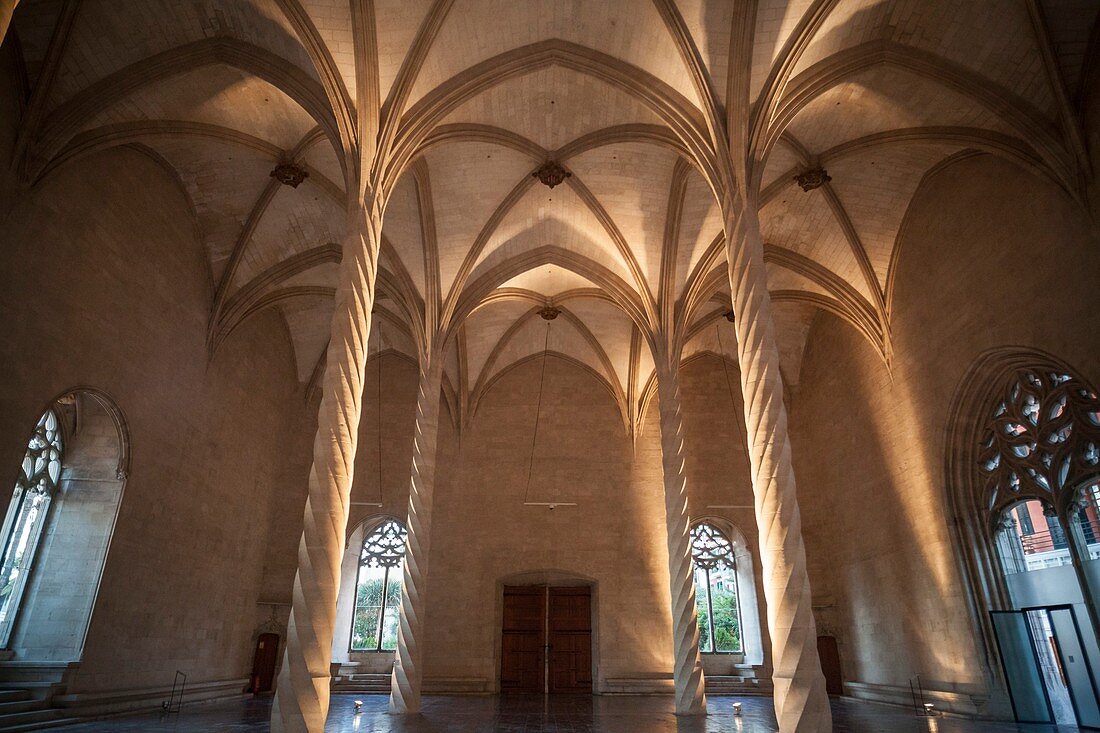 Interior building Sa Llotja, gothic architecture in Palma de Mallorca,Balearic Islands.