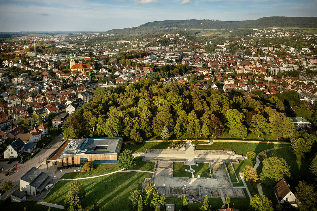 UNESCO World Cultural Heritage &quot;Frontiers of the Roman Empire - Upper Germanic-Raetian Limes&quot;, Limes Museum, aerial view of the fort in Aalen, panoramic view of the Salvator Church and the Braunenberg, Ostalbkreis, Swabian Alb, Baden-Württemberg, Germany