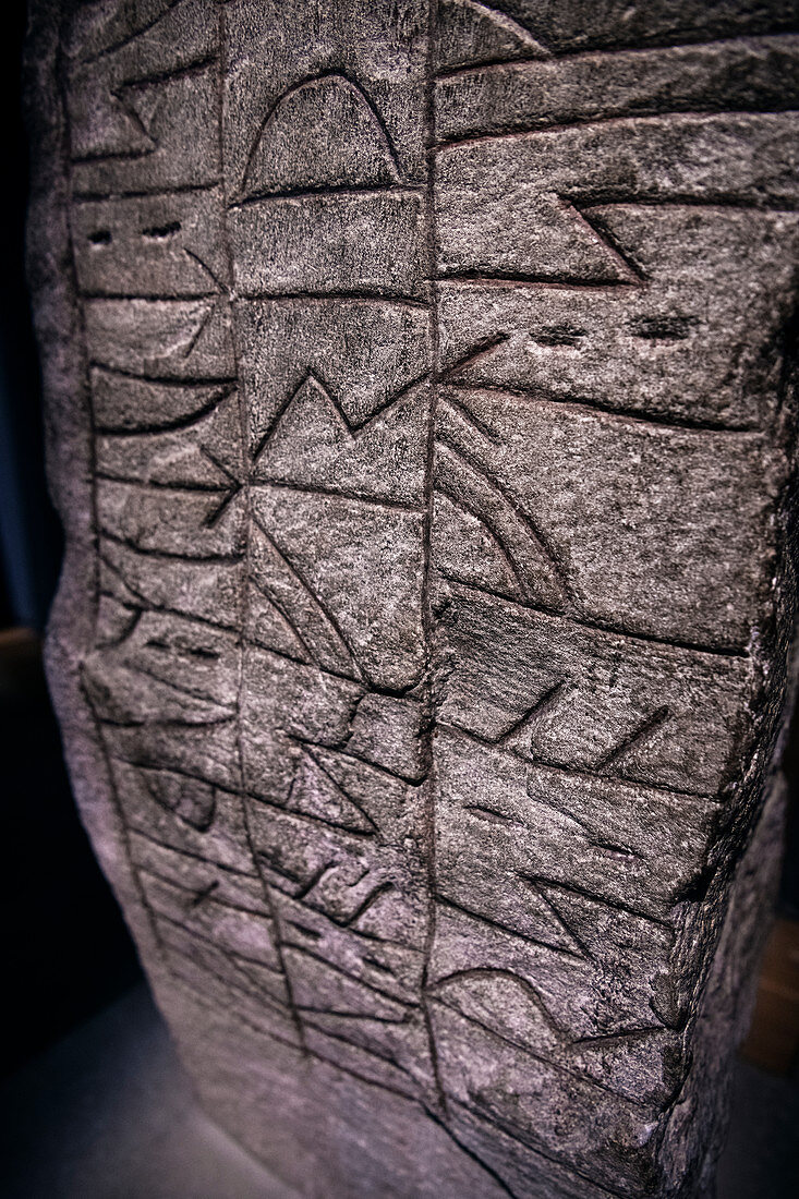 UNESCO World Heritage Site &quot;Archaeological Border Complex Haithabu and Danewerk&quot;, stone with engraved inscription in the Museum Haitthabu, Busdorf, Schleswig-Flensburg district, Schleswig-Holstein, Germany