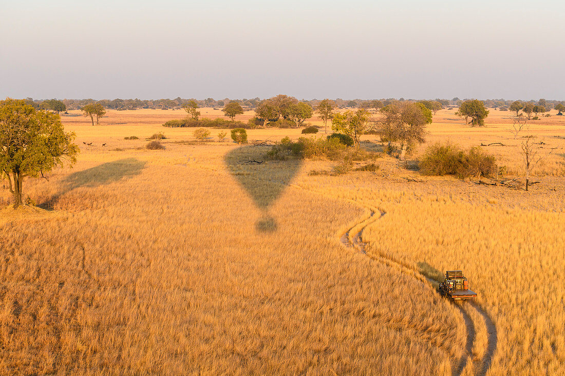 Luftaufnahme des Okavango-Deltas von einer Heißluftballonfahrt einschließlich Verfolgungsjagdfahrzeug, Okavango-Delta, Botswana, Afrika