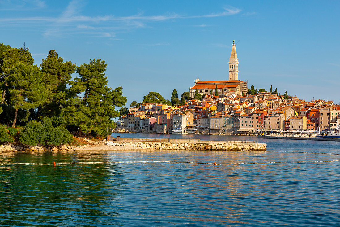 View of harbour and the old town with the cathedral of St. Euphemia, Rovinj, Istria, Croatia, Adriatic, Europe