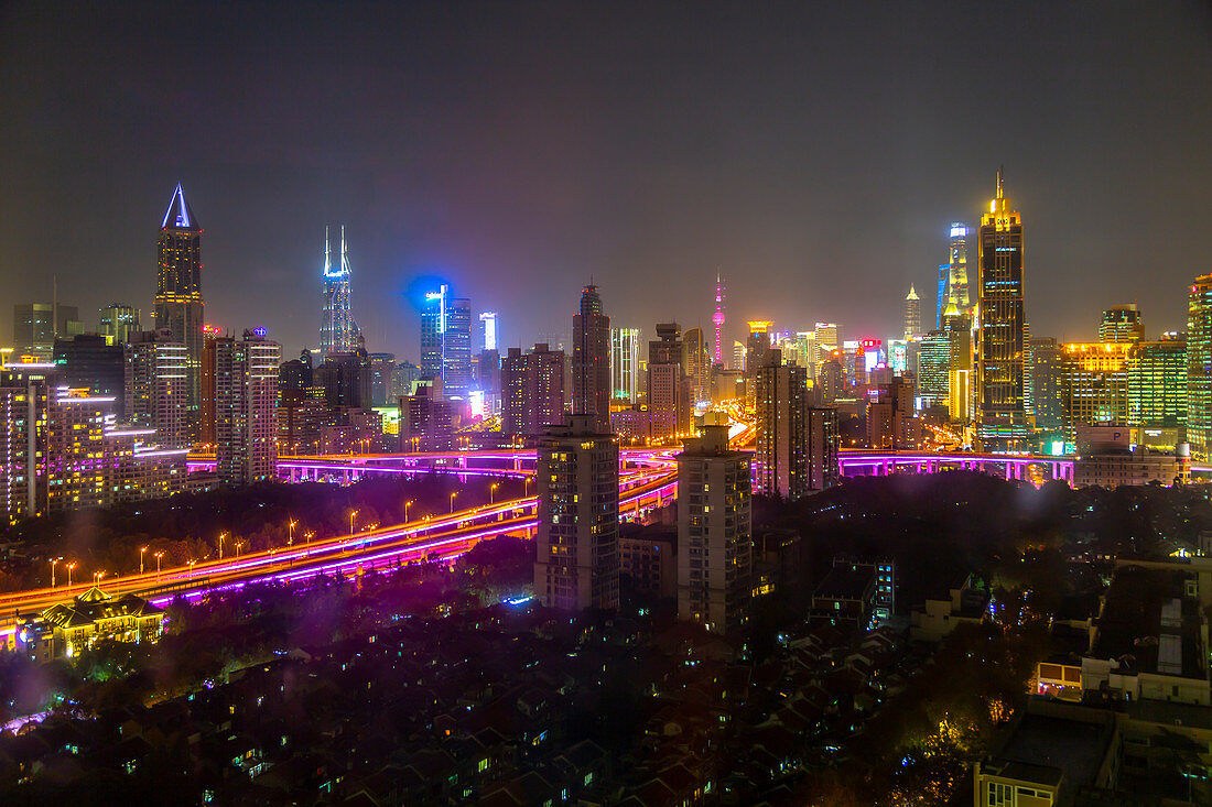 View of Shanghai skyline at night, Luwan, Shanghai, China, Asia