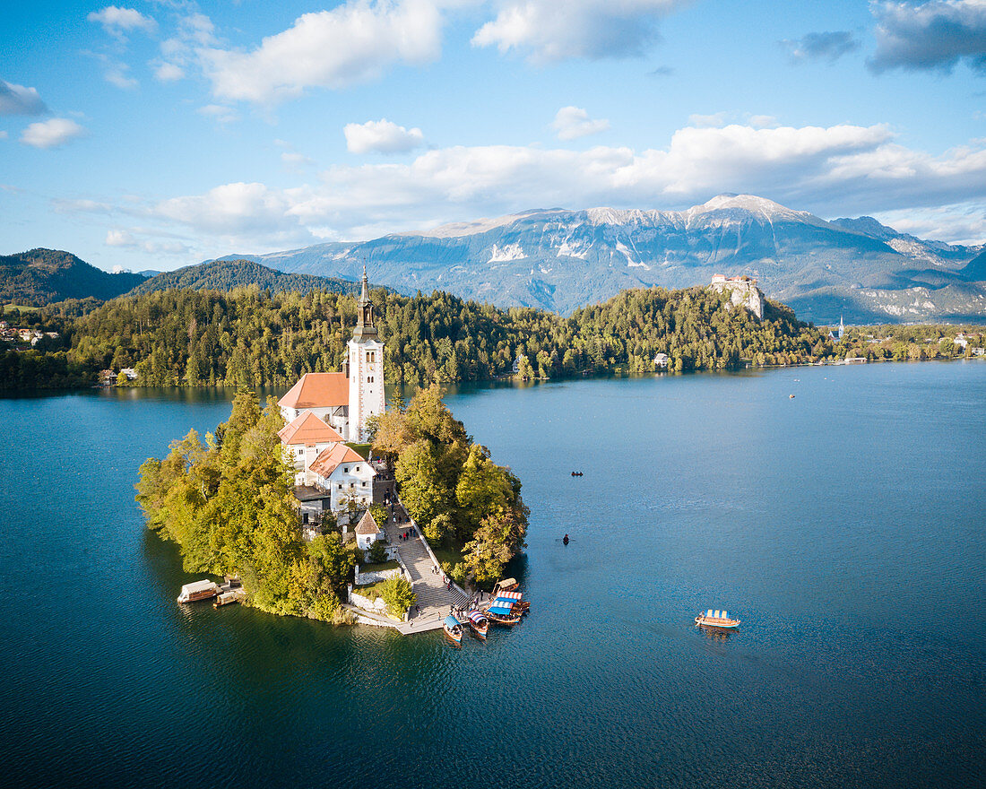 Aerial view by drone of Bled Island with the Church of the Assumption at dawn, Lake Bled, Upper Carniola, Slovenia, Europe