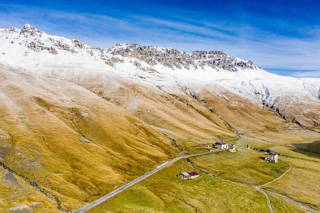 Aerial view by drone of Piz Umbrail and Punta di Rims in autumn, Braulio Valley, Bormio, Sondrio province, Valtellina, Lombardy, Italy, Europe