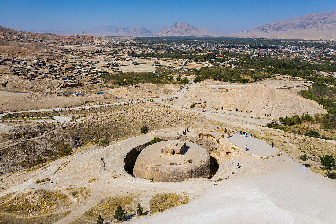 Aerial of the Takht-e Rostam stupa monastery complex, Afghanistan, Asia