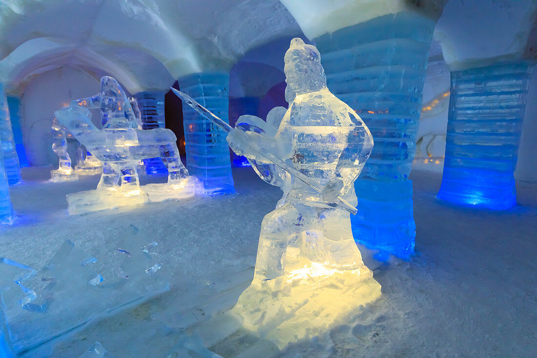 Sorrisniva Igloo Hotel, snow or ice hotel, striking sculpture in lobby, Alta, Winter, Finnmark, Arctic Circle, North Norway, Scandinavia, Europe