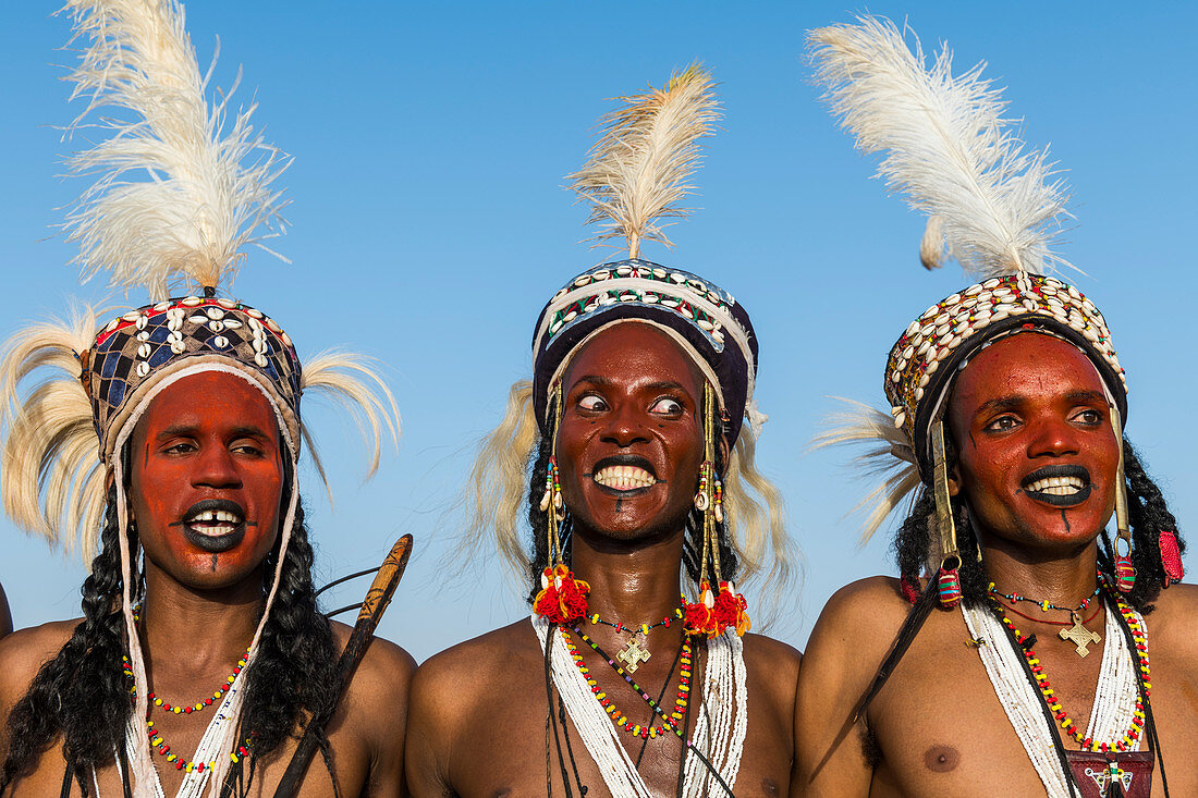 Wodaabe-Bororo men with faces painted at the annual Gerewol festival, courtship ritual competition among the Wodaabe Fula people, Niger, West Africa, Africa