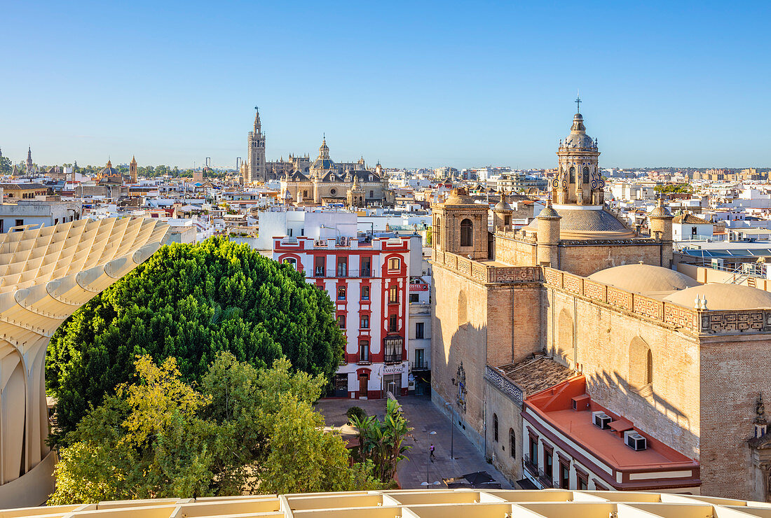 Seville Skyline of Cathedral and city rooftops from the Metropol Parasol, Seville, Andalusia, Spain, Europe