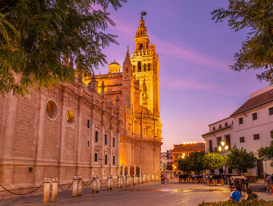 Kathedrale von Sevilla der Heiligen Maria vom See und Glockenturm La Giralda bei Sonnenuntergang, UNESCO-Weltkulturerbe, Sevilla, Andalusien, Spanien, Europa