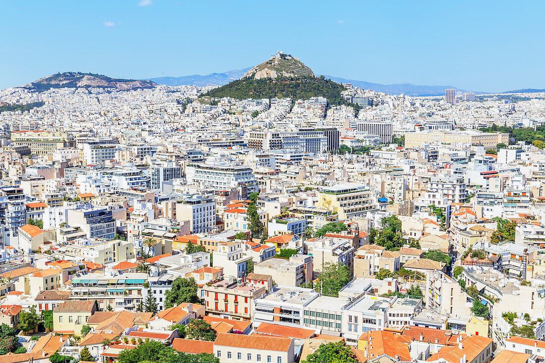 High angle view of Athens city centre, Athens, Greece, Europe