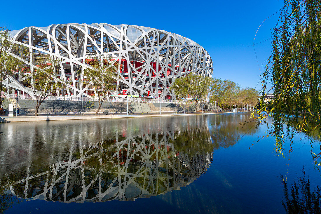 View of the National Stadium (Bird's Nest), Olympic Green, Xicheng, Beijing, People's Republic of China, Asia