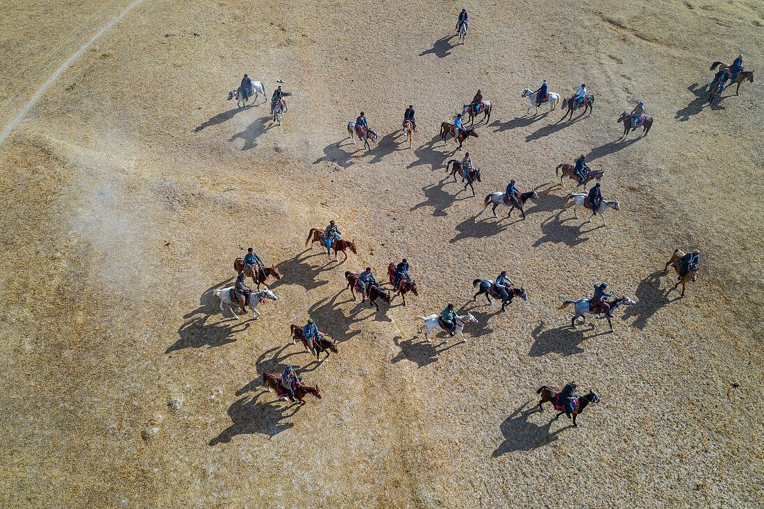 Aerial by drone of a Buzkashi game, Yaklawang, Afghanistan, Asia