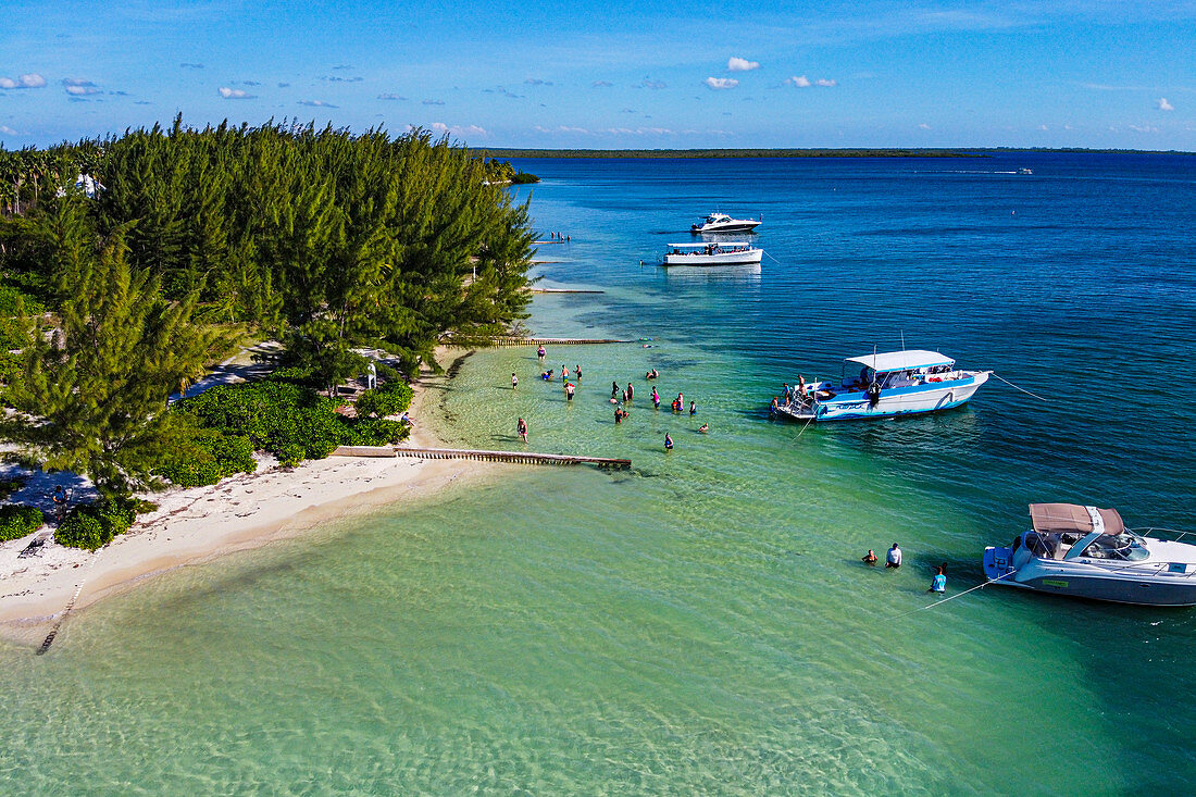 Gebiet durch Drohne von Starfish Point auf Water Cay, Grand Cayman, Kaimaninseln, Karibik, Mittelamerika