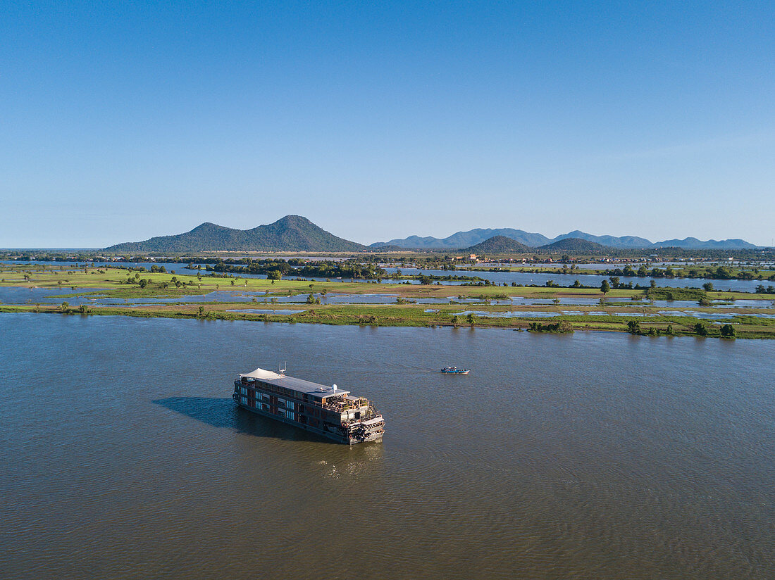 Aerial view of river cruise ship Aqua Mekong on Tonle Sap River, near Kampong Chhnang, Kampong Chhnang, Cambodia, Asia