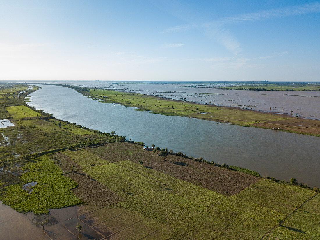 Aerial view of Tonle Sap River and rice fields, near Kampong Chhnang, Kampong Chhnang, Cambodia, Asia