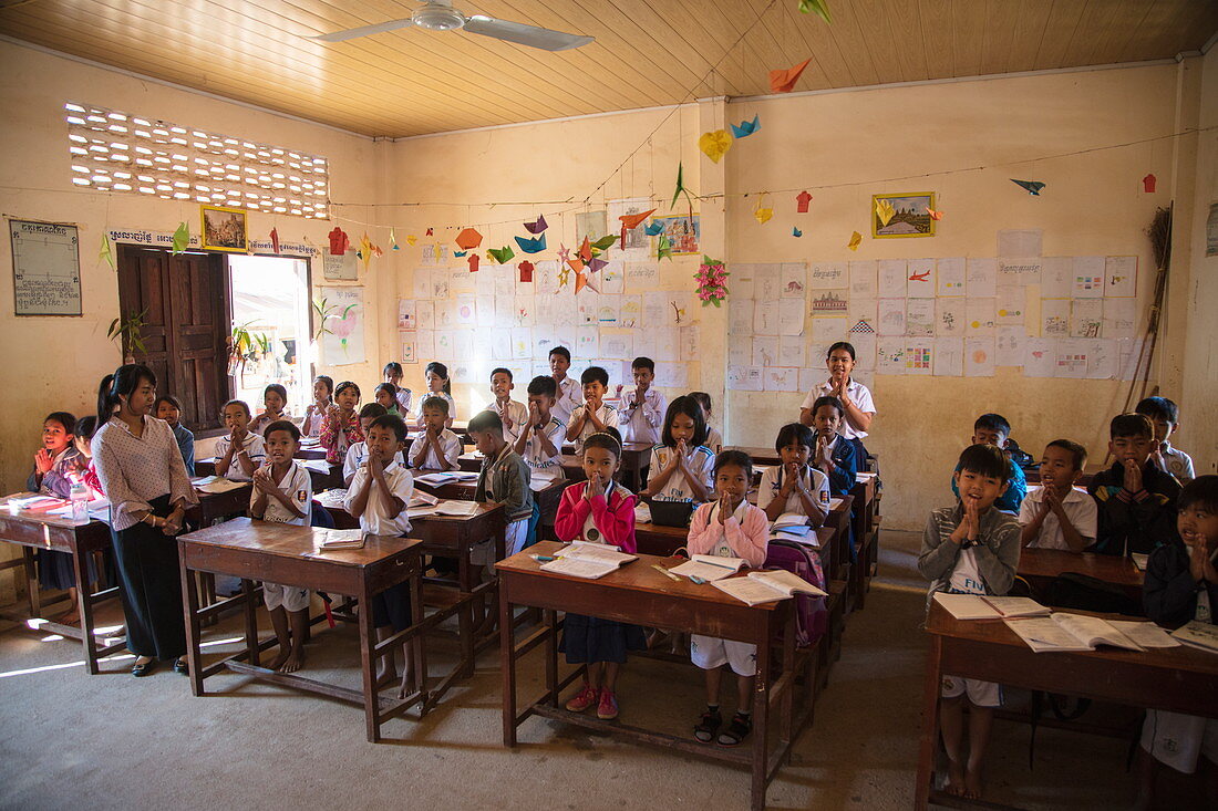 Young children in the classroom of the village school, Oknha Tey Island, Mekong River, near Phnom Penh, Cambodia, Asia