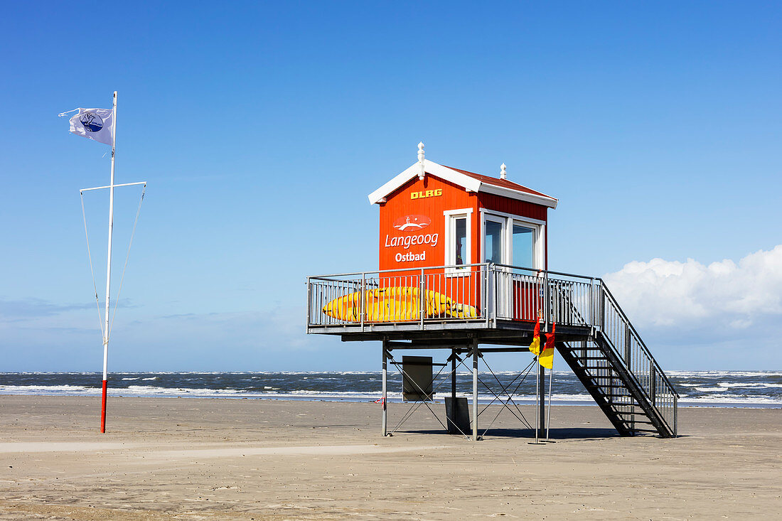 DLRG post on the beach, observation post, lifesaving, beach, sand, North Sea, Langeoog, East Frisia, Lower Saxony, Germany