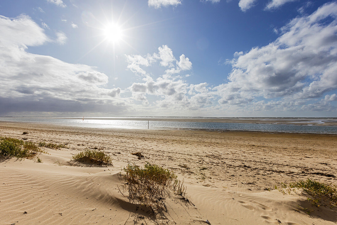 Beach in bright sun, dune, sea, clouds, sand, shallow water, sand bank, North Sea, Langeoog, East Frisia, Lower Saxony, Germany