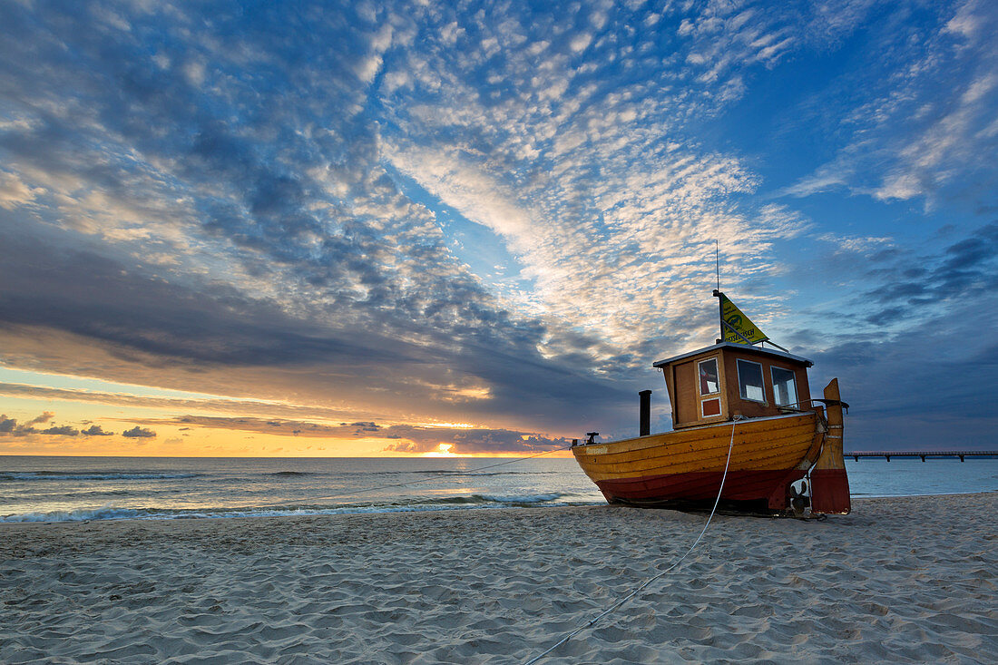 Fishing boat on the beach, Ahlbeck, Usedom, Baltic Sea, Mecklenburg-Western Pomerania, Germany