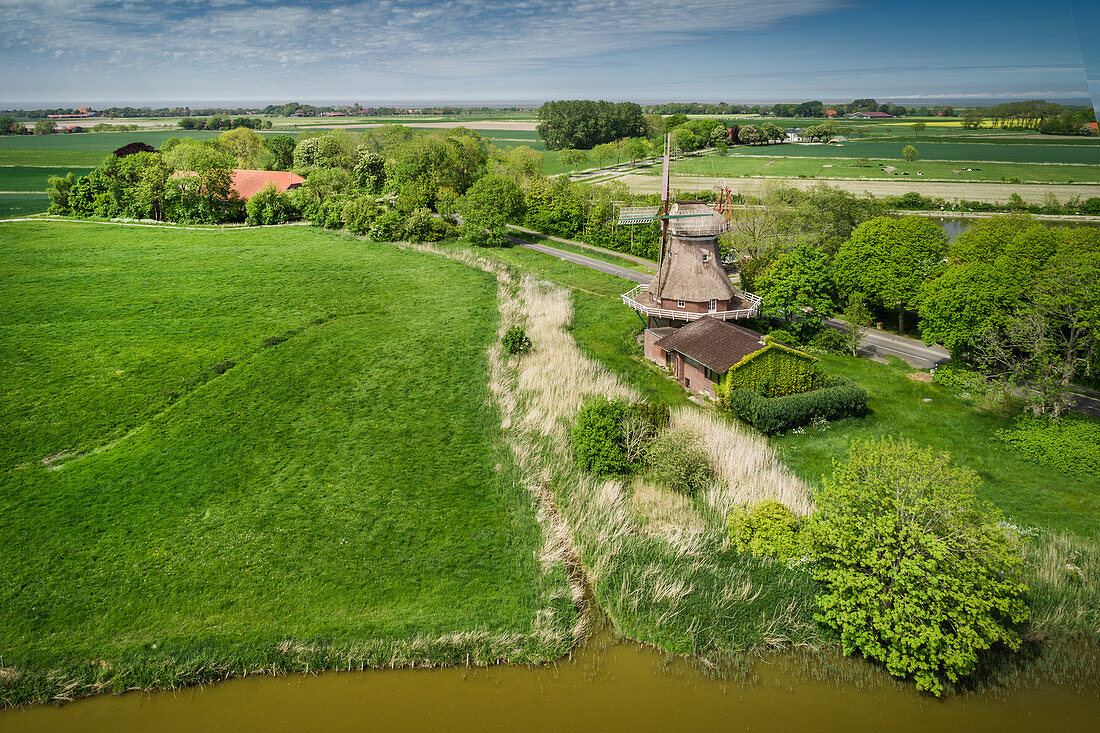 Stumpenser mill and fields, aerial view, Horumersiel, Wangerland, Friesland, Lower Saxony, Germany, Europe