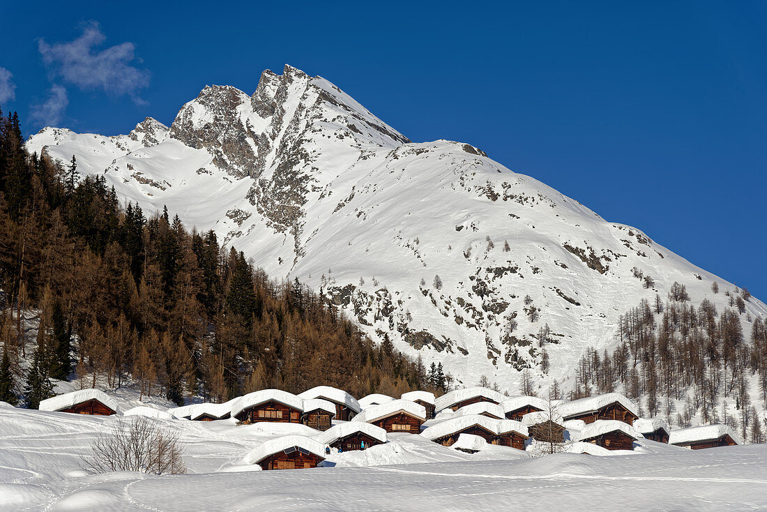 Chalets on the Fafleralp in the Loetschental, Valais, Switzerland.