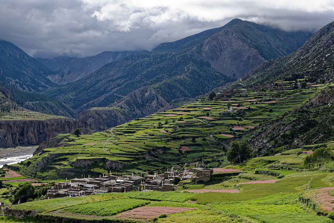 Das Dorf Manang in der Monsunzeit, Nepal, Himalaya, Asien.