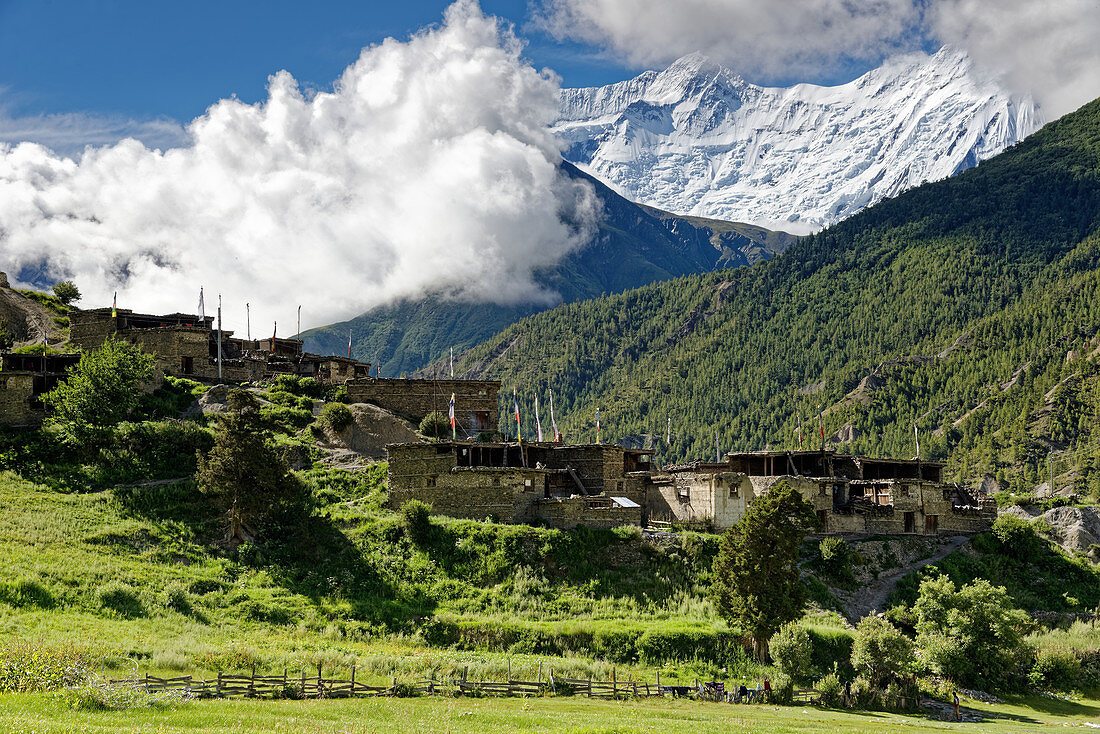 Das traditionelle Dorf Braga im Manangtal, Nepal, Himalaya, Asien.
