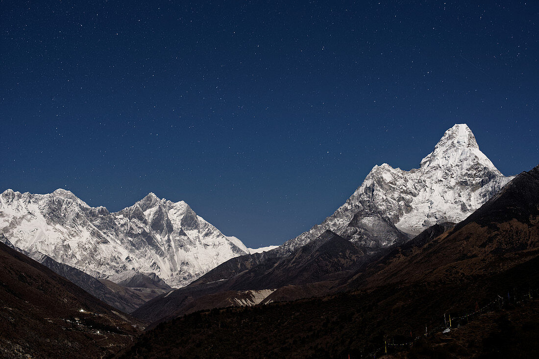 Nocturnal view from Tengboche Monastery to Everest (left), Lhotse and Ama Dablam, Nepal, Himalaya, Asia