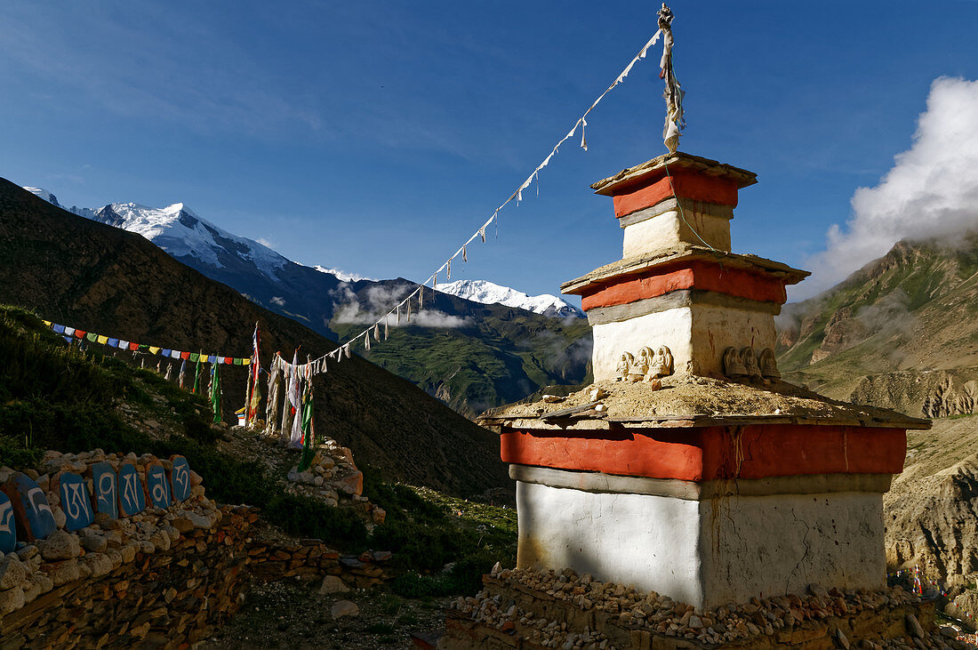 Choerten above the village of Phu, Nepal, Himalaya, Asia.