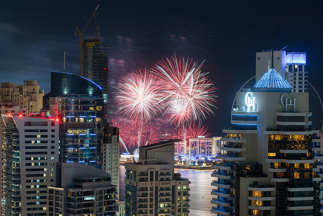 Fireworks over Bluewater Island, Dubai Marina, Dubai, United Arab Emirates