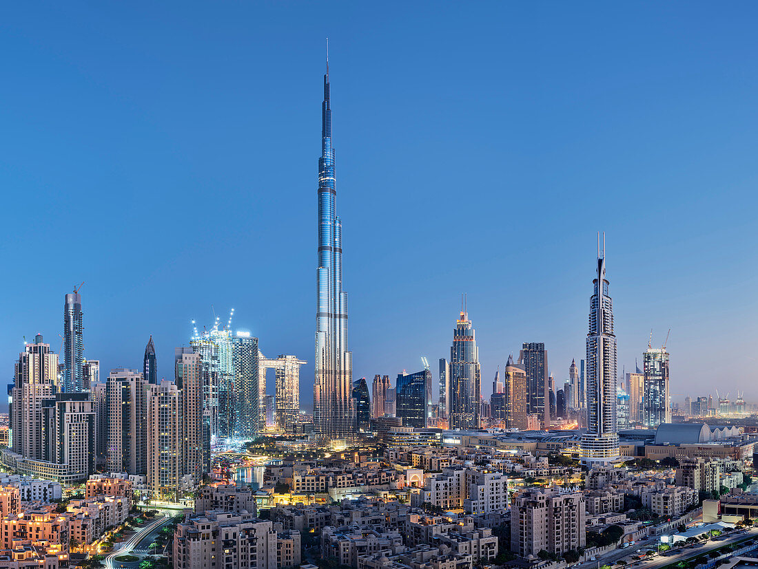 Blick von South Ridge nach Downtown Dubai, Burj Khalifa, Dubai, Vereinigte Arabische Emirate