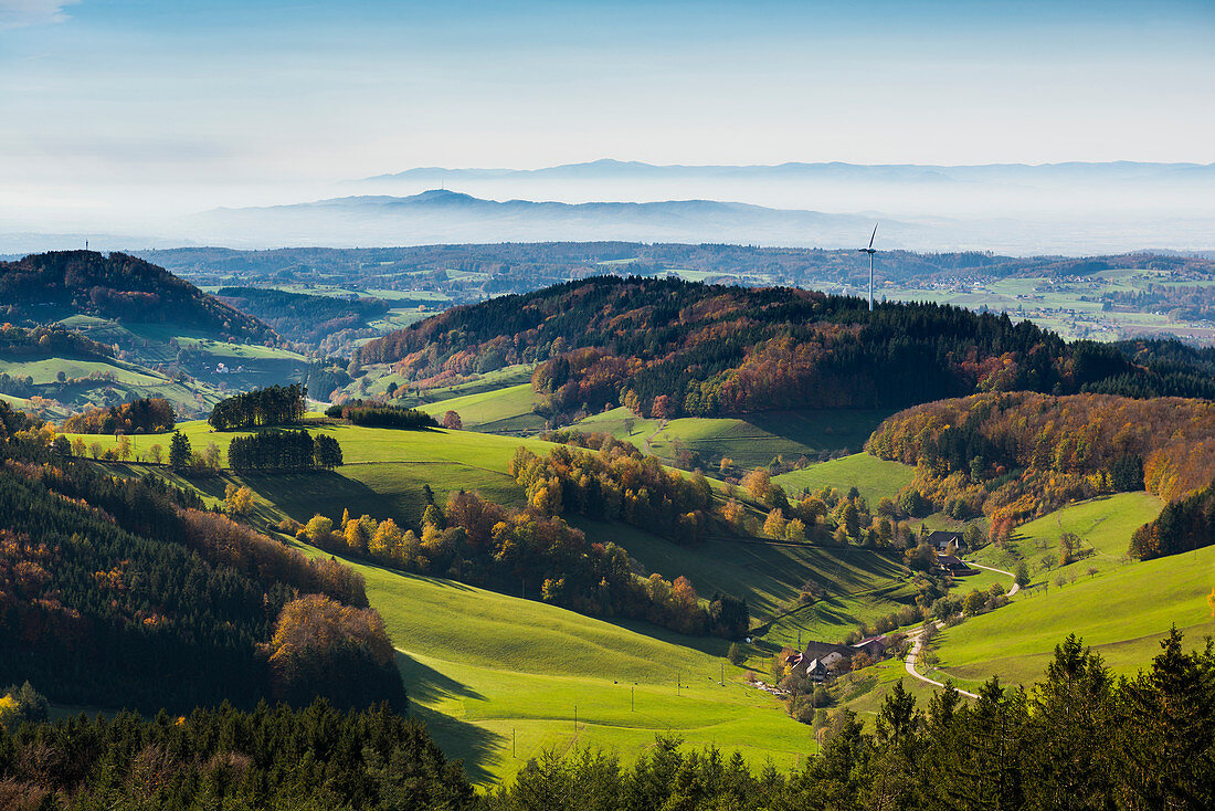 Blick vom Hühnersedel ins Rheintal, Herbst, bei Freiamt, Freiburg im Breisgau, Schwarzwald, Baden-Württemberg, Deutschland