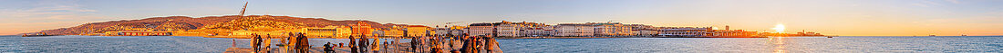 Sunset in the old harbor in Trieste, 360 degree panorama, Friuli-Venezia Giulia, Italy