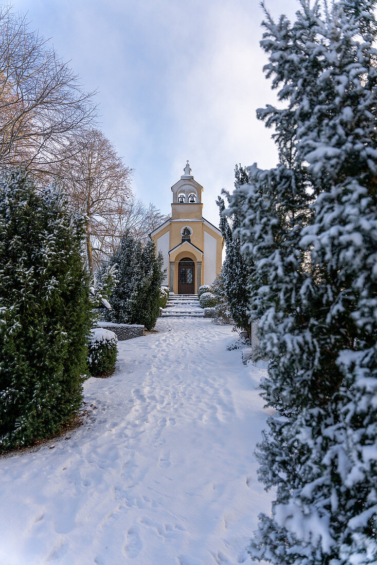 Friedrichskapelle in snowy surroundings, Andechs, Bavaria, Germany