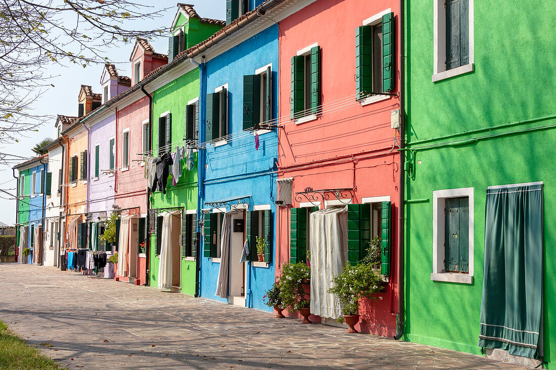 Bunte Häuser auf Burano in der Lagune von Venedig, Venetien, Italien