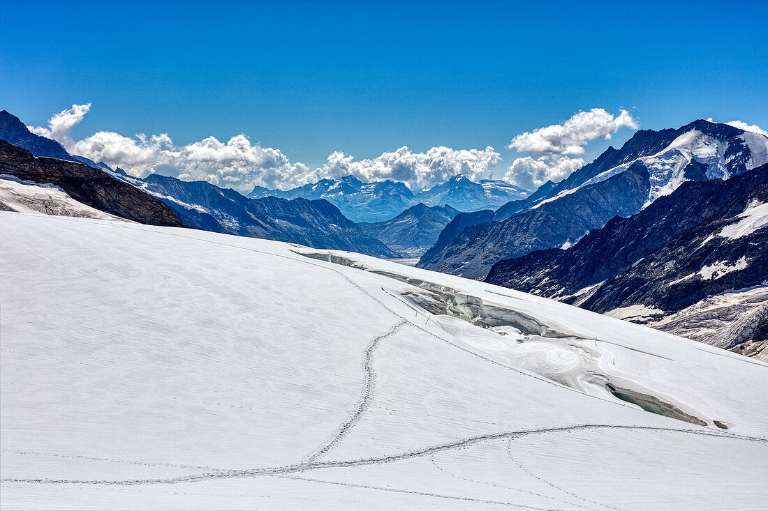 Tracks in the snow at Jungfraujoch, Aletsch Glacier, Valais, Switzerland