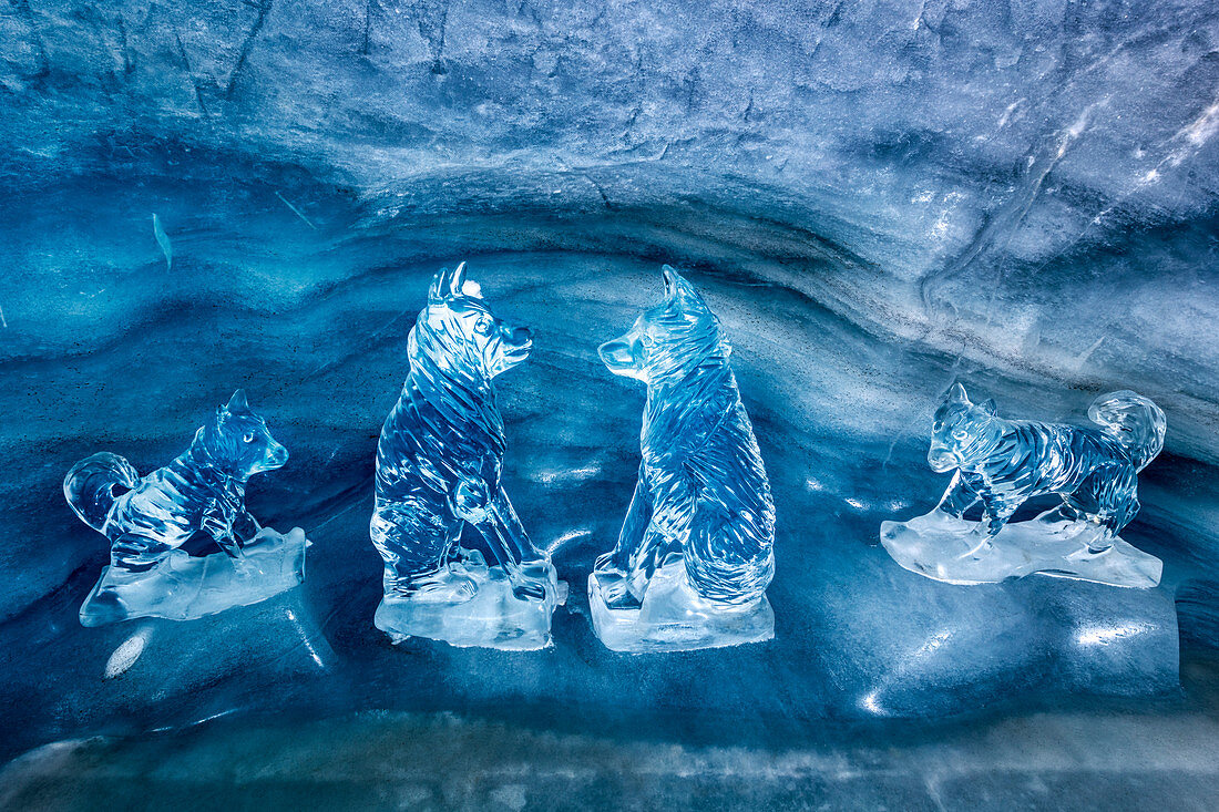Hunde Eisskulpturen im Eispalast am Jungfraujoch, Wallis, Schweiz