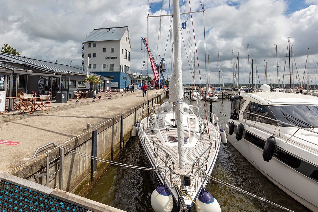 City harbor with boats, Schleswig, Schleswig-Holstein, Germany