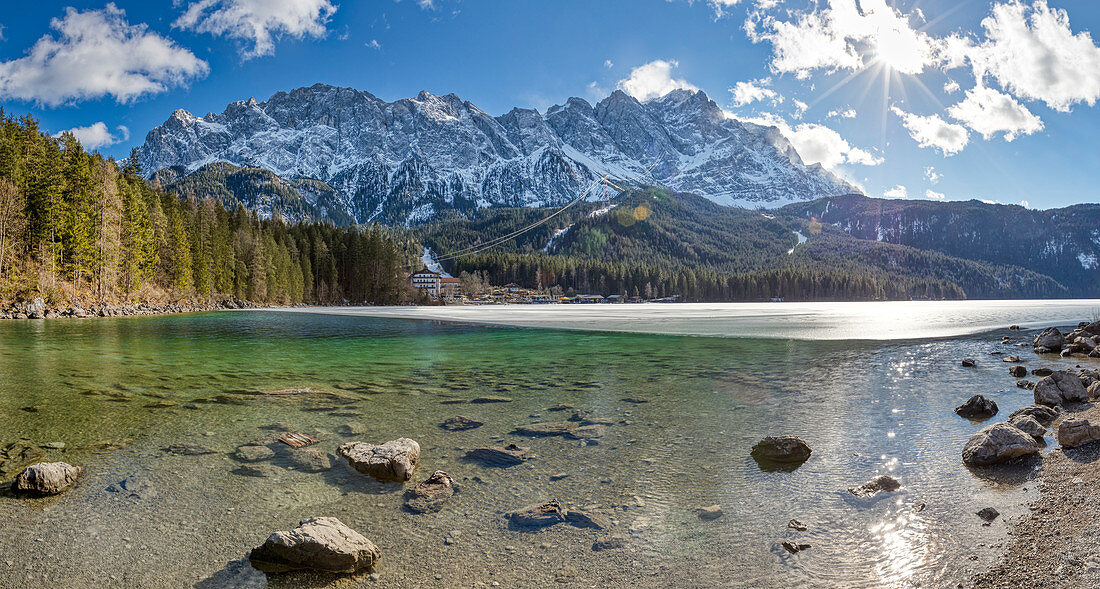 Eibsee panorama with Zugspitze, Bavaria, Germany