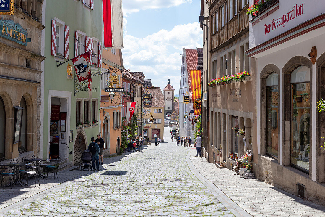 From the market square to the Sieberstor in Rothenburg ob der Tauber, Middle Franconia, Bavaria, Germany