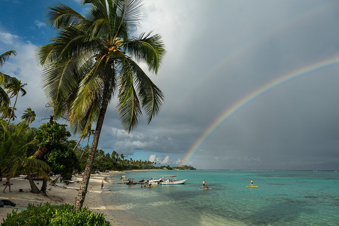 Coconut trees and water sports activities at Sofitel Ia Ora Beach Resort with rainbow over Moorea Lagoon, Moorea, Windward Islands, French Polynesia, South Pacific