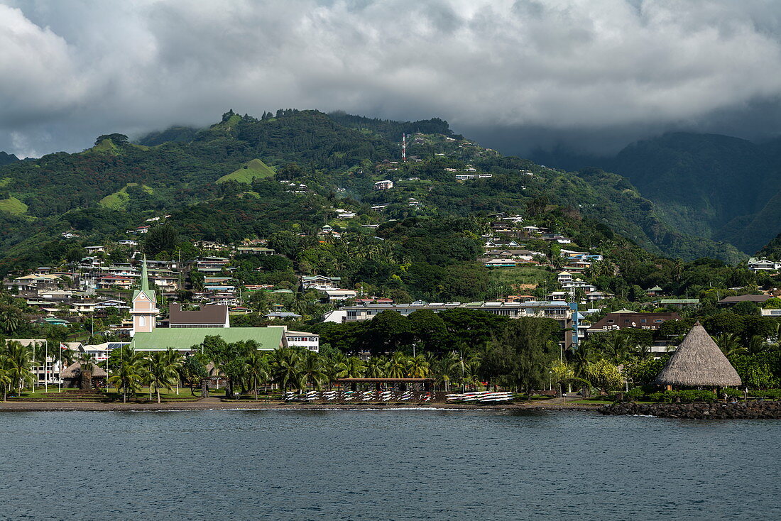 Street view of Papeete with church, Papeete, Tahiti, Windward Islands, French Polynesia, South Pacific