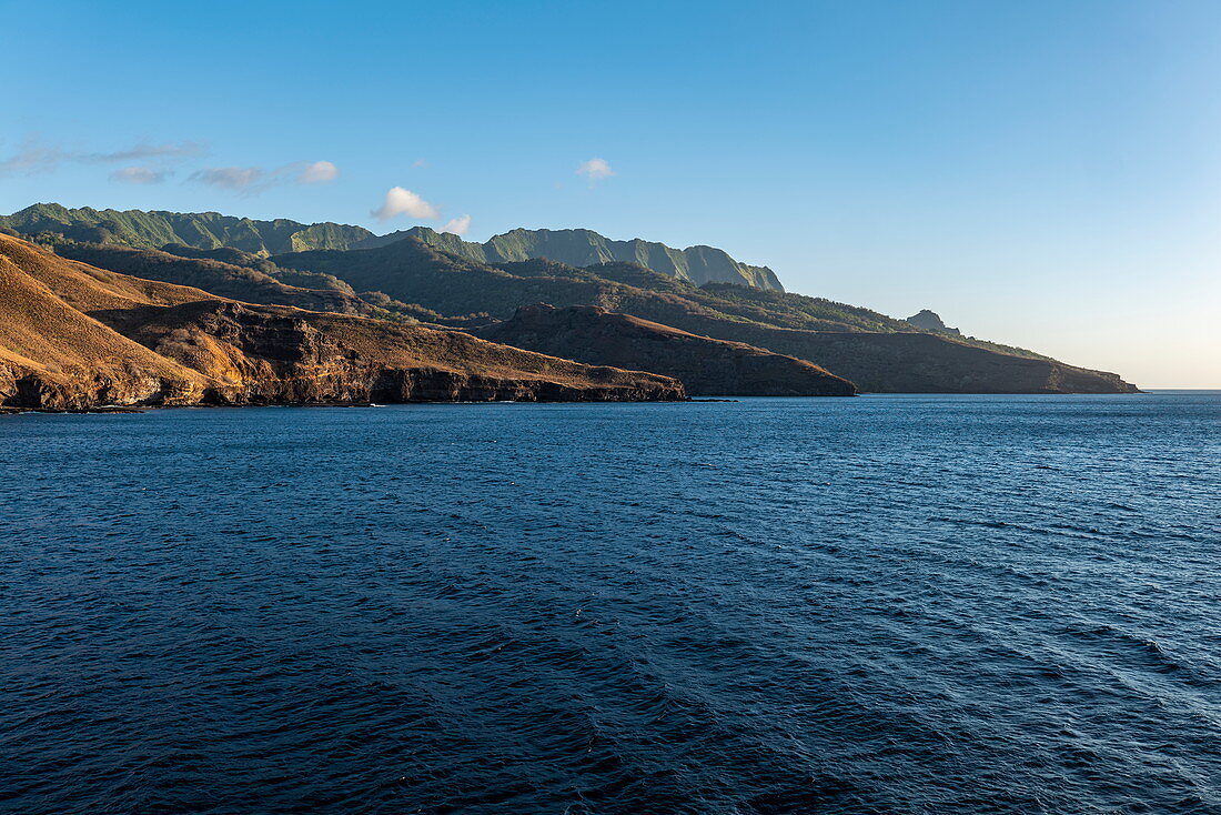 Coast as seen from the Aranui 5 (Aranui Cruises) passenger cargo ship, Vaitahu, Tahuata, Marquesas Islands, French Polynesia, South Pacific
