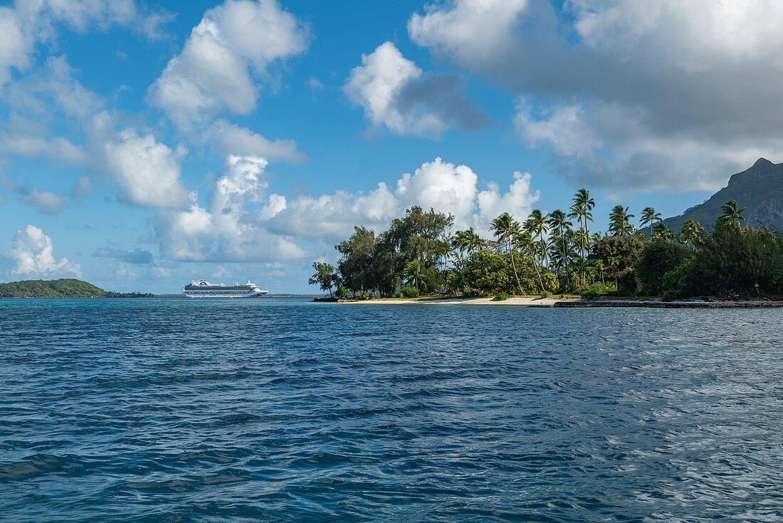 Kreuzfahrtschiff auf Reede in der Lagune von Bora Bora mit Kokospalmen und Strand auf Insel, Bora Bora, Leeward Islands, Französisch-Polynesien, Südpazifik