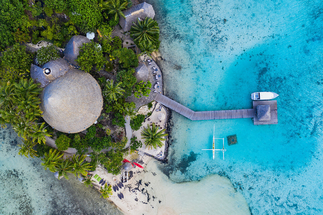 Aerial view of Sofitel Bora Bora Private Island Resort in Bora Bora Lagoon, Vaitape, Bora Bora, Leeward Islands, French Polynesia, South Pacific
